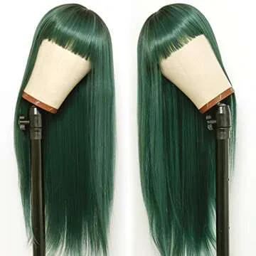 Fugady Ombre Green Wig with Bangs Long Straight Wigs With Bangs 2 Tone Dark Roots Mixed Color Green Wigs Cosplay Heat Resistant Wig For Women Synthetic 24 Inches