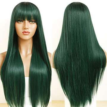 Fugady Ombre Green Wig with Bangs Long Straight Wigs With Bangs 2 Tone Dark Roots Mixed Color Green Wigs Cosplay Heat Resistant Wig For Women Synthetic 24 Inches