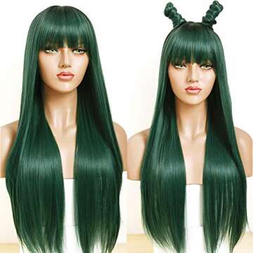 Fugady Ombre Green Wig with Bangs Long Straight Wigs With Bangs 2 Tone Dark Roots Mixed Color Green Wigs Cosplay Heat Resistant Wig For Women Synthetic 24 Inches
