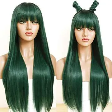 Fugady Ombre Green Wig with Bangs Long Straight Wigs With Bangs 2 Tone Dark Roots Mixed Color Green Wigs Cosplay Heat Resistant Wig For Women Synthetic 24 Inches