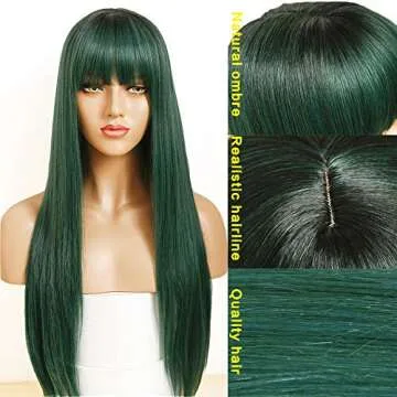 Fugady Ombre Green Wig with Bangs Long Straight Wigs With Bangs 2 Tone Dark Roots Mixed Color Green Wigs Cosplay Heat Resistant Wig For Women Synthetic 24 Inches