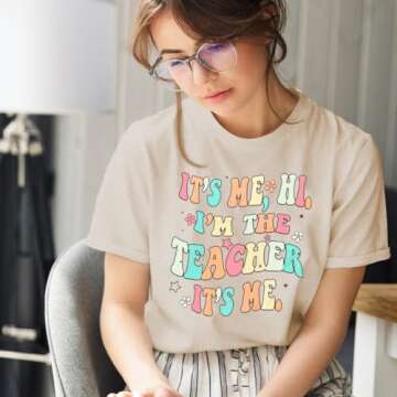 It's Me Hi I'm The Teacher It's Me Shirt Women Teacher Appreciation Gift T-Shirt Funny Teacher Lift Tee Tops Apricot