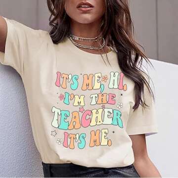 It's Me Hi I'm The Teacher It's Me Shirt Women Teacher Appreciation Gift T-Shirt Funny Teacher Lift Tee Tops Apricot