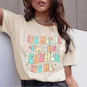 It's Me Hi I'm The Teacher It's Me Shirt Women Teacher Appreciation Gift T-Shirt Funny Teacher Lift Tee Tops Apricot