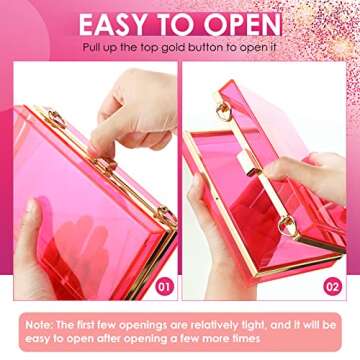 Hillban 2 Pcs Acrylic Clutch Purses Hot Pink Purses Clear Pink Purse Evening Banquet Purse with Removable Gold Clear Chain Strap for Women Girls
