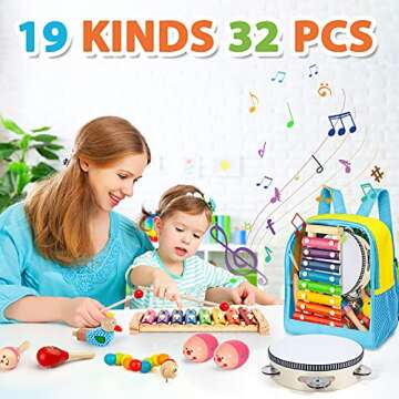 Toddler Musical Instruments Set, 32 PCS 19 Kinds Wooden Percussion Instruments Toys for Kids Playing...