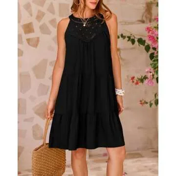 BTFBM Women's Summer Hollow Out Halter Dresses Casual Sleeveless A-Line Tiered Swing Sundress Beach Vacation Mini Dress(Solid Black, Small)