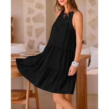 BTFBM Women's Summer Hollow Out Halter Dresses Casual Sleeveless A-Line Tiered Swing Sundress Beach Vacation Mini Dress(Solid Black, Small)