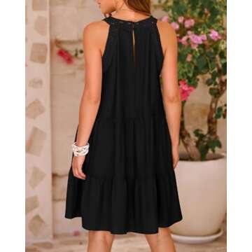 BTFBM Women's Summer Hollow Out Halter Dresses Casual Sleeveless A-Line Tiered Swing Sundress Beach Vacation Mini Dress(Solid Black, Small)