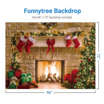 Funnytree 8x6ft Christmas Fireplace Backdrop Interior Vintage Xmas Tree Stockings Photography Background Portrait Photobooth Party Banner Decorations Photo Studio Props