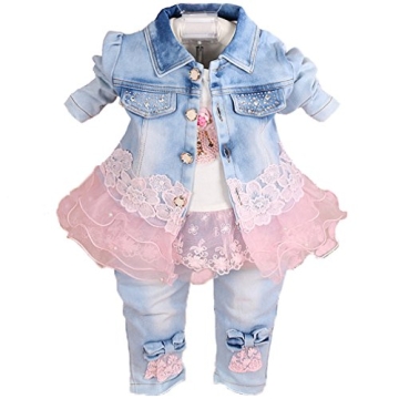 Yao Little Girls 3-Piece Denim Clothing Set - T-Shirt, Jacket & Jeans (Pink, 4-5Y)
