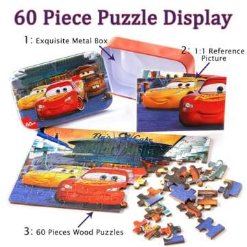 LELEMON Car Jigsaw Puzzles in a Metal Box 60 Pieces Lightning Jigsaw Puzzle for Kids Ages 4-8 Childr...