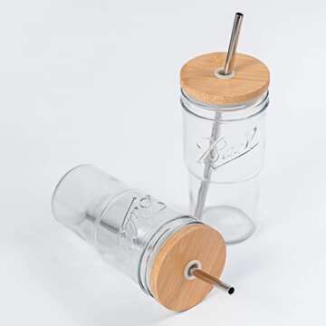 Aodidarc 2-Pack 22oz Drinking Jar with Bamboo Lid and Straw Holes, Upgraded Bamboo Lid, Wide Mouth Drinking Jar for Iced Coffee, Juice and Lemonade, Includes Stainless Steel Straws and Straw Brush