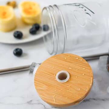 Aodidarc 2-Pack 22oz Drinking Jar with Bamboo Lid and Straw Holes, Upgraded Bamboo Lid, Wide Mouth Drinking Jar for Iced Coffee, Juice and Lemonade, Includes Stainless Steel Straws and Straw Brush