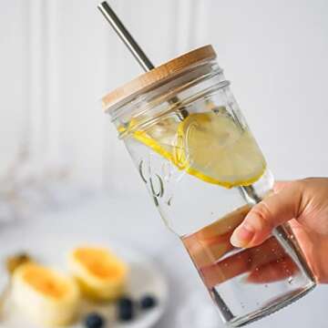 Aodidarc 2-Pack 22oz Drinking Jar with Bamboo Lid and Straw Holes, Upgraded Bamboo Lid, Wide Mouth Drinking Jar for Iced Coffee, Juice and Lemonade, Includes Stainless Steel Straws and Straw Brush