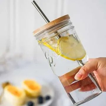 Aodidarc 22oz Mason Jars with Bamboo Lid and Straws