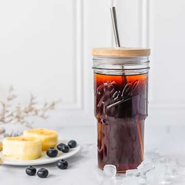 Aodidarc 2-Pack 22oz Drinking Jar with Bamboo Lid and Straw Holes, Upgraded Bamboo Lid, Wide Mouth Drinking Jar for Iced Coffee, Juice and Lemonade, Includes Stainless Steel Straws and Straw Brush