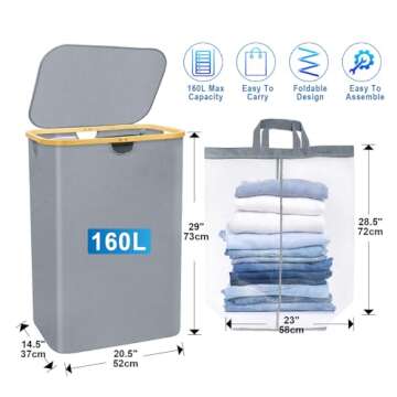 RICOJYCX 160L Double Laundry Hamper with lid, 2 section Extra Large Bamboo Laundry Hamper, Dirty Clo...