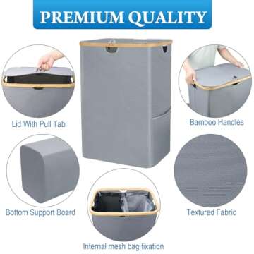 RICOJYCX 160L Double Laundry Hamper with lid, 2 section Extra Large Bamboo Laundry Hamper, Dirty Clothes Hamper with Removable Bags for Laundry Room, Bedroom, Bathroom, Dorm, Living Room, Grey