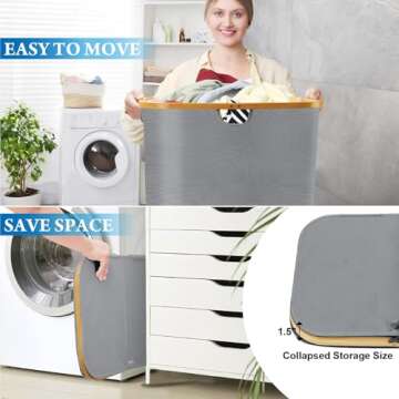RICOJYCX 160L Double Laundry Hamper with lid, 2 section Extra Large Bamboo Laundry Hamper, Dirty Clothes Hamper with Removable Bags for Laundry Room, Bedroom, Bathroom, Dorm, Living Room, Grey
