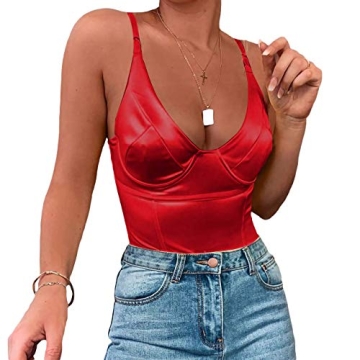 Velius Women's Sexy Deep V Neck Shiny Thong Bodysuit with Underwire in Red