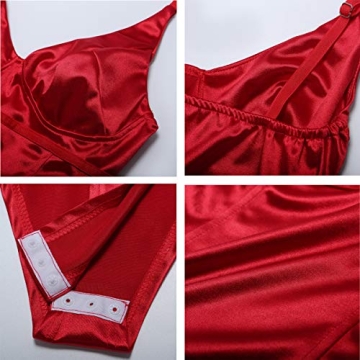 Velius Women's Sexy Deep V Neck Bodysuit Red Small