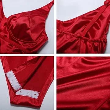 Velius Women's Sexy Deep V Neck Bodysuit Red Small