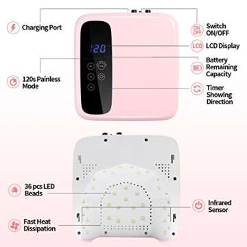 BETE Cordless LED Nail Lamp, Nail Dryer, 72W Rechargeable LED Nail Light, 36 Beads Portable Gel UV Led Nail Lamp with 4 Timer Setting and LCD Display