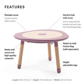 Stokke Mutable, Mauve - Multifunctional Children’s Play Table - Height-Adjustable Legs - Includes Four Double-Sided Activity Boards, One Puzzle & Natural Wood Cover