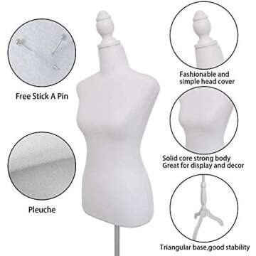 Female Dress Form Mannequin Torso Body with Adjustable Tripod Stand Dress Jewelry Display (White)