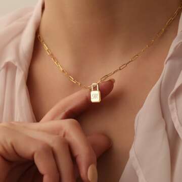 MEVECCO Gold Dainty Initial Necklace Lock Necklace 18K Gold Plated Padlock Necklace with Paperclip C...
