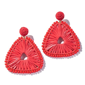 Statement Raffia Earrings for Women, Boho Geometric Triangle Earrings Beaded - Trendy Summer Beach V...