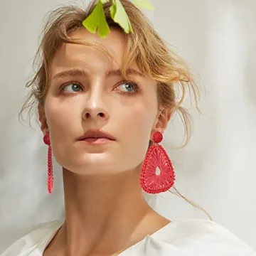 Statement Raffia Earrings for Women, Boho Geometric Triangle Earrings Beaded - Trendy Summer Beach Vacation Earrings (Red)