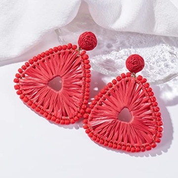 Statement Raffia Earrings for Women, Boho Geometric Triangle Earrings Beaded - Trendy Summer Beach Vacation Earrings (Red)