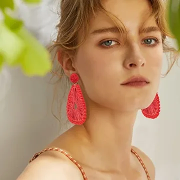 Statement Raffia Earrings for Women, Boho Geometric Triangle Earrings Beaded - Trendy Summer Beach Vacation Earrings (Red)