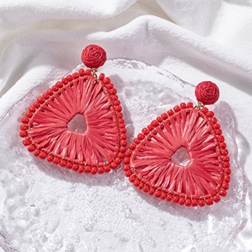 Statement Raffia Earrings for Women, Boho Geometric Triangle Earrings Beaded - Trendy Summer Beach Vacation Earrings (Red)