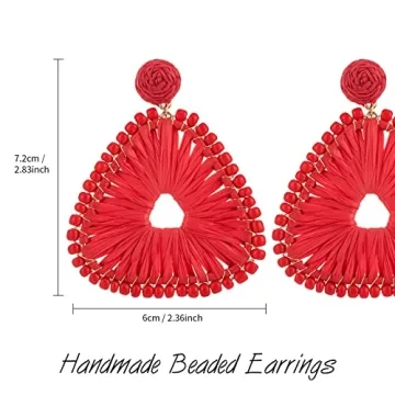 Statement Raffia Earrings for Women, Boho Geometric Triangle Earrings Beaded - Trendy Summer Beach Vacation Earrings (Red)