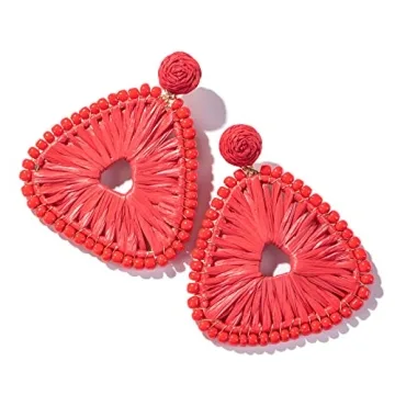 Statement Raffia Earrings for Women, Boho Geometric Triangle Earrings Beaded - Trendy Summer Beach Vacation Earrings (Red)