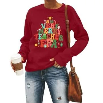 Christmas Teacher Sweatshirt Women Merry Bright Graphic Print Sweatshirt Crewneck Christmas Vacation...
