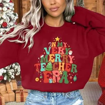 Christmas Teacher Sweatshirt Women Merry Graphic Print