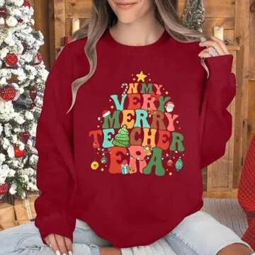 Christmas Teacher Sweatshirt Women Merry Graphic Print