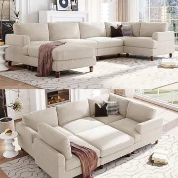 FANYE U-Shaped Oversized Corduroy Modular Sectional Sofa Couch with Movable Ottoman, 6 Seaters Free ...
