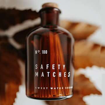 Sweet Water Decor 3" Safety Matches in Medium Amber Apothecary Bottle | Rustic Jar of Approx. 100 De...
