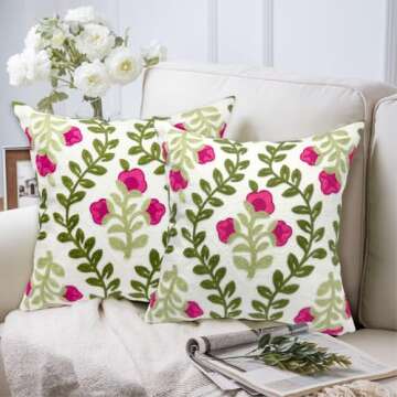 Alysheer Floral Embroidered Summer Decorative Throw Pillow Covers 20"x 20" Set of 2, Farmhouse Cottage Hot Pink Flowers Green Leaves Knit Pattern Cotton Canvas Cushion Case for Couch Bed Living Room