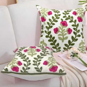 Alysheer Floral Embroidered Summer Decorative Throw Pillow Covers 20"x 20" Set of 2, Farmhouse Cottage Hot Pink Flowers Green Leaves Knit Pattern Cotton Canvas Cushion Case for Couch Bed Living Room