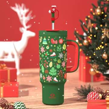 ENCOOL 40 oz Christmas Tumbler with Handle and Straw, 100% Leakproof Tumbler with Lid and Straw, Stainless Steel Travel Coffee Mug, Keeps Cold for 34 Hours, Car Cup Holder Friendly (Green Christmas)