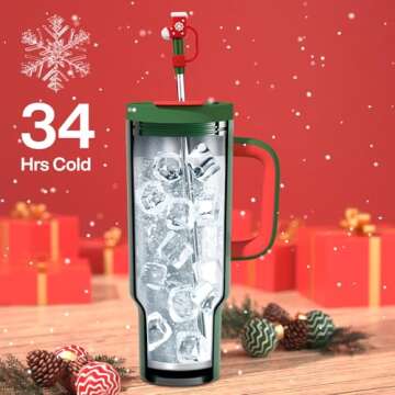 ENCOOL 40 oz Christmas Tumbler with Handle and Straw, 100% Leakproof Tumbler with Lid and Straw, Stainless Steel Travel Coffee Mug, Keeps Cold for 34 Hours, Car Cup Holder Friendly (Green Christmas)