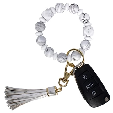 Chic Beaded Key Ring Bracelet with Leather Tassel