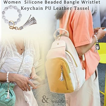 Chic Beaded Key Ring Bracelet with Leather Tassel