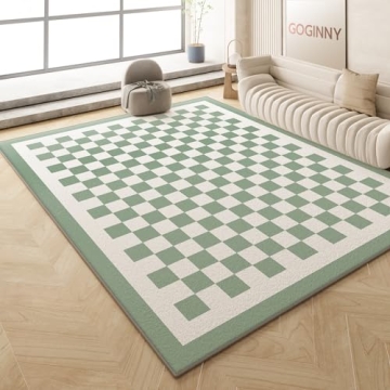 Washable 5x7 Checkered Area Rug for Living Room, Sage Green Checkerboard Modern Boho Large Rugs, Fau...